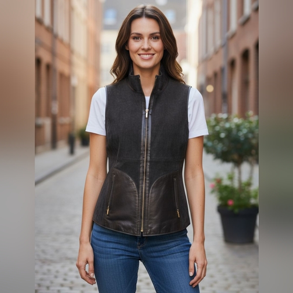 Women's Black Real Suede And Leather Reversible To Fur Mob Wife Vest - Picture 1 of 9